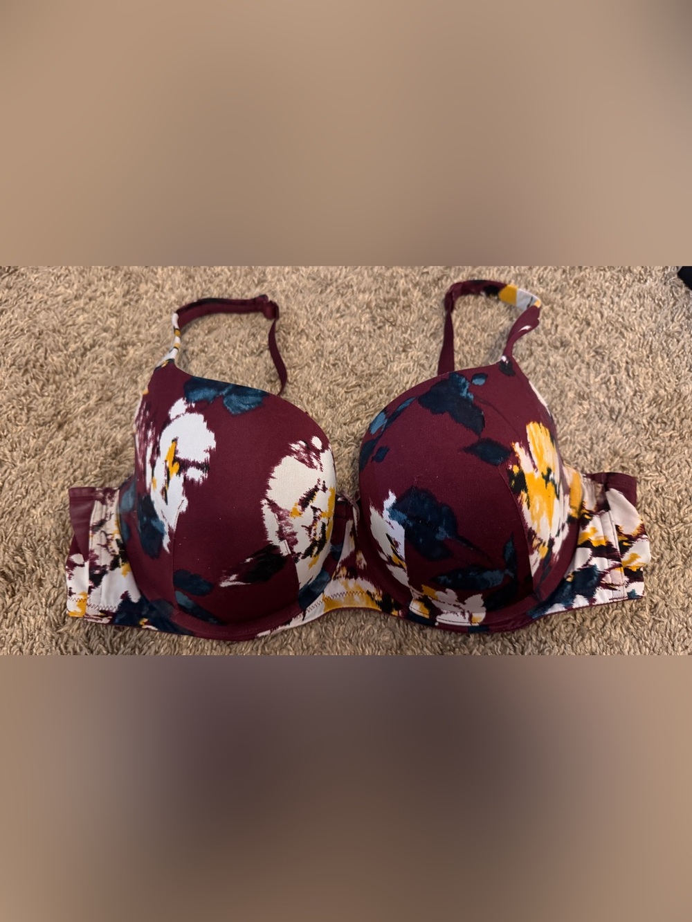 Cacique Burgundy Floral T-Shirt Bra with Blue and Cream Accents